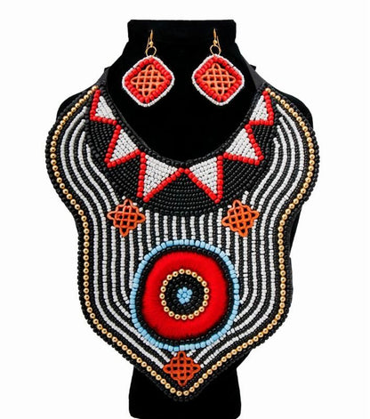 Black and White Bead and Red Thread Bib Necklace Set