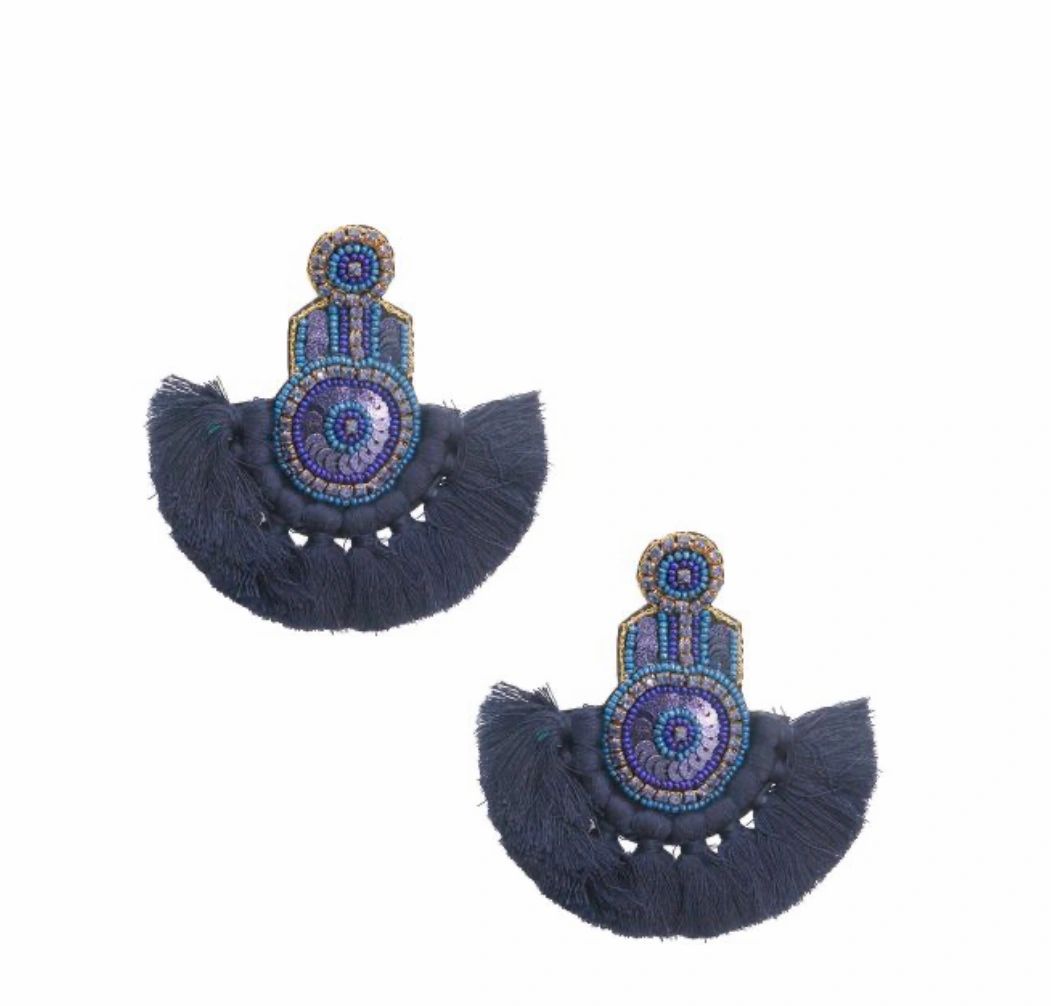 Seed Bead Crystal Fan Tassel Dangle Earrings