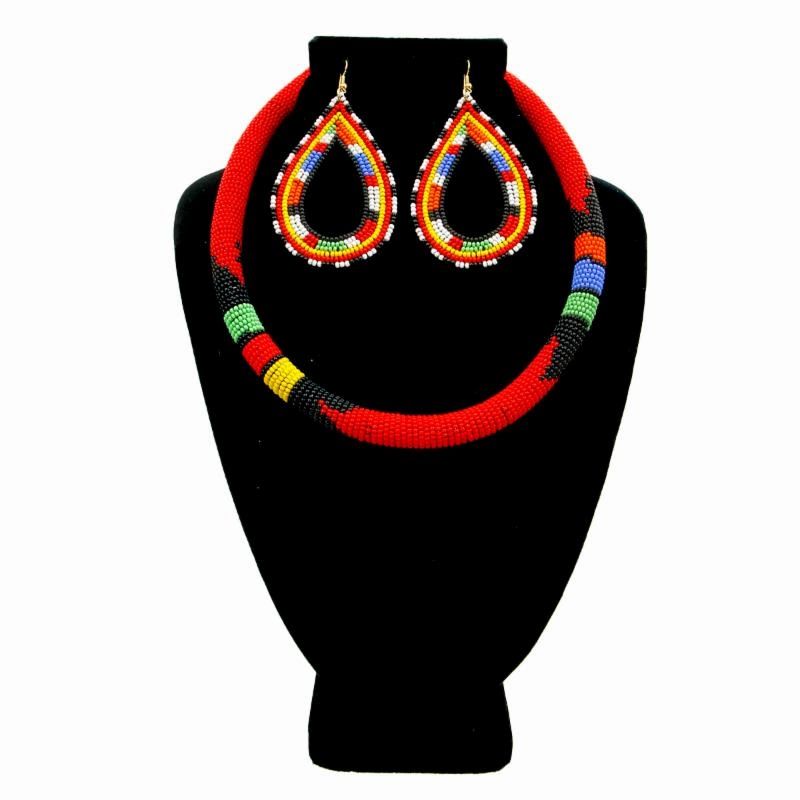 Zulu/Maasai Red and Multi Color Bead Wrapped Tribal Necklace Set with Large Teardrop Earrings