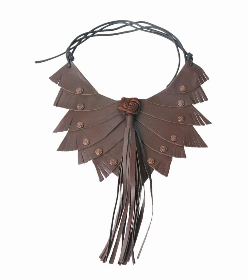 Brown Leather Layered Rose and Tassel Choker Necklace