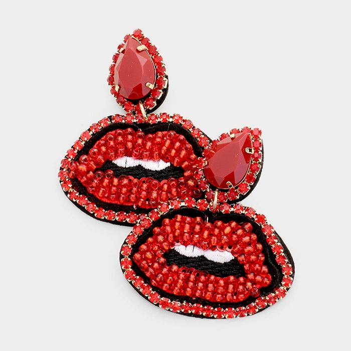 Crystal Teardrop Beaded Embroidery Lips Earrings