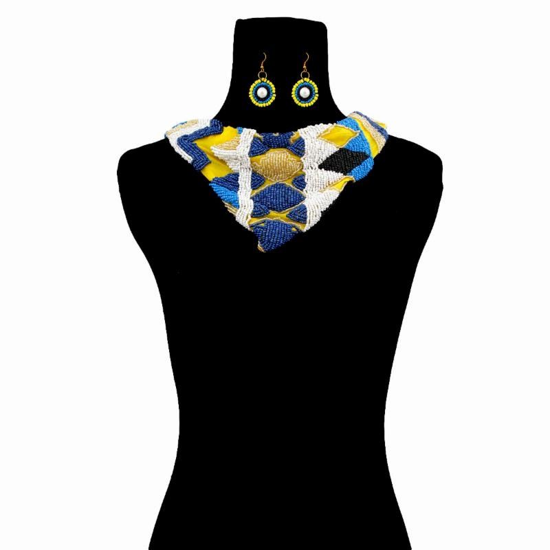 Handmade Yellow Chiffon Scarf Necklace Set with Embroidered Blue, White, and Black Beads