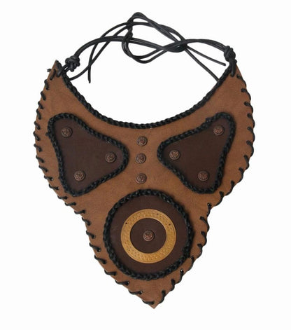 Brown Leather Bib Necklace with Stitching and Gold Detail
