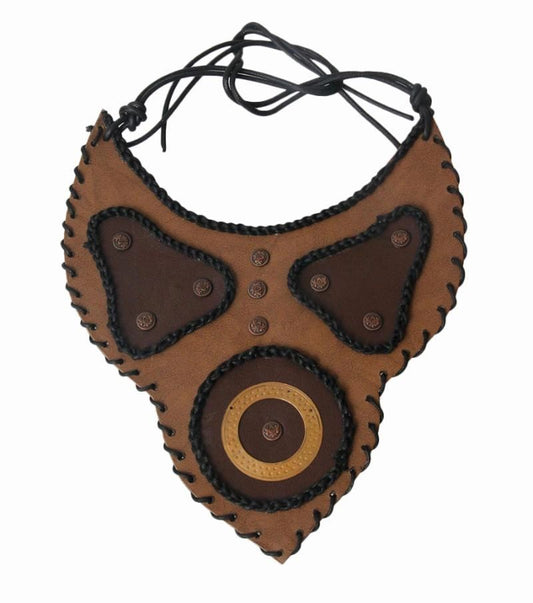 Brown Leather Bib Necklace with Stitching and Gold Detail
