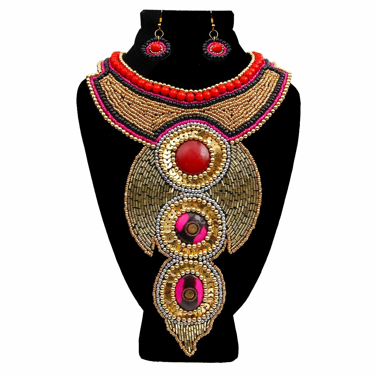 Multi Color and Gold Bead and Sequin Bib Necklace Set