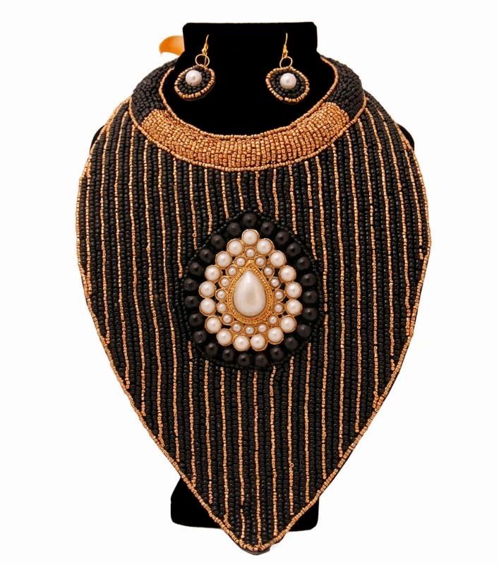 Black and Gold Bead with Pearl Center Bib Necklace Set