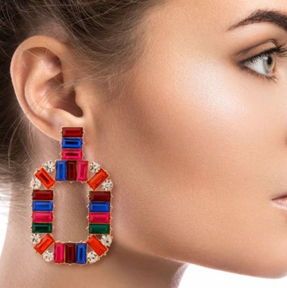 red & blue baquette crystal drop earrings on model