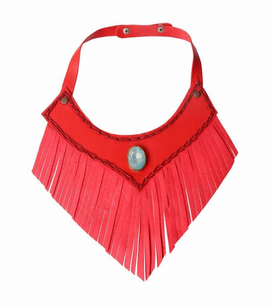 Red Leather Fringe Choker Necklace