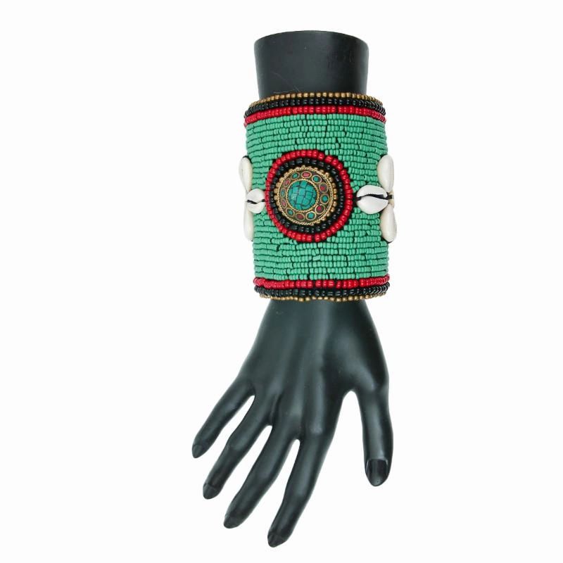 Tribal Beaded Cuff with Cowrie Shells and Turquoise Mosaic Detail