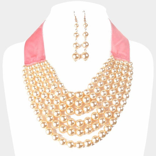 Velvet Multi Strand Pearl Bib Necklace
