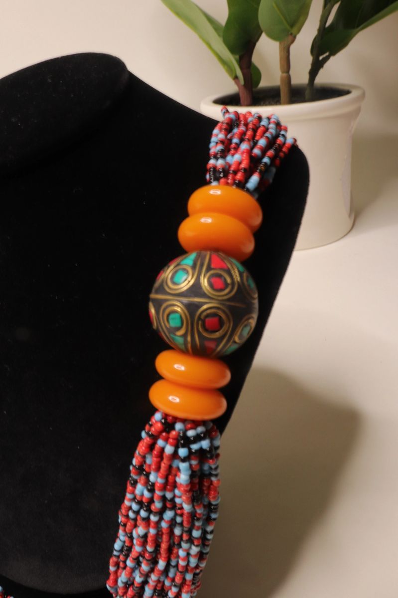 Long Layered Multi Color Seed Bead and Mosaic Ball Necklace