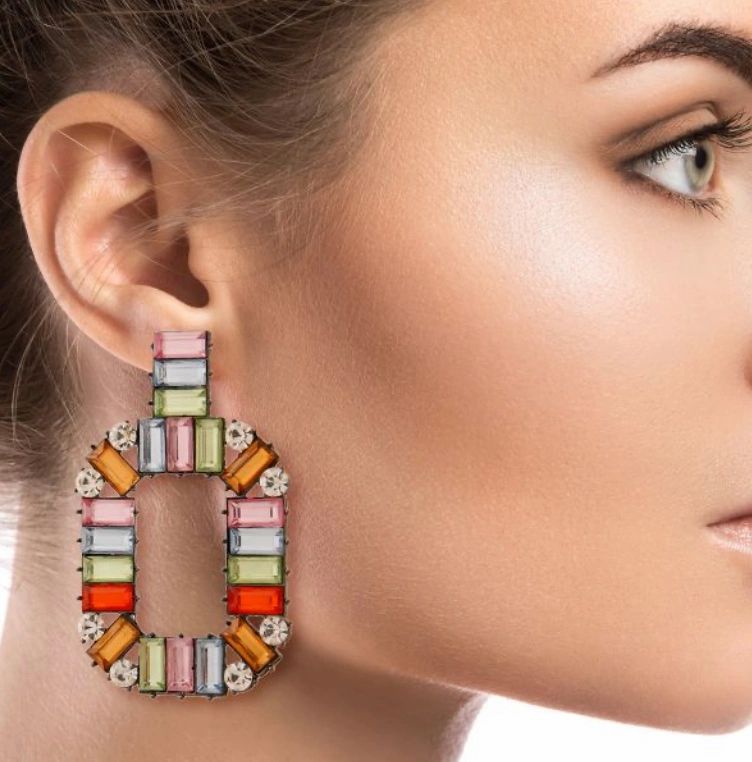 pink & gold baquette crystal drop earrings