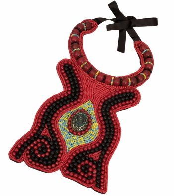 Red and Black Bead with Turquoise Mosaic Pendant Bib Necklace