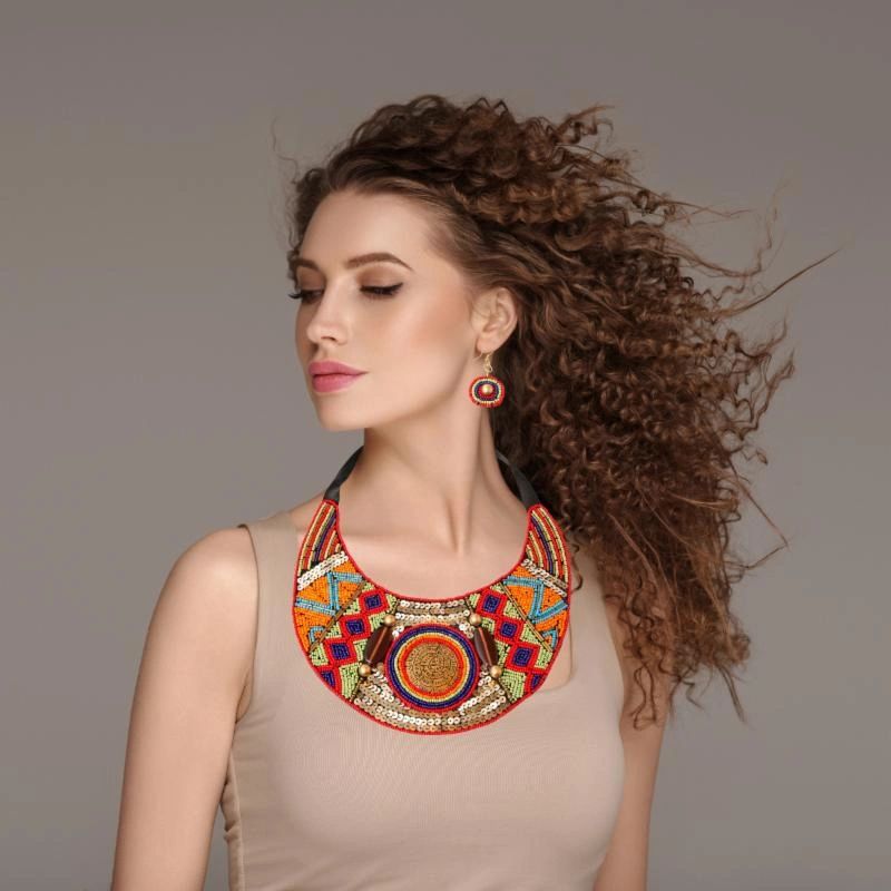 Multi Color Round Beaded Bib Necklace Set Featuring Tribal Etched Metal Plate Design and Sequins