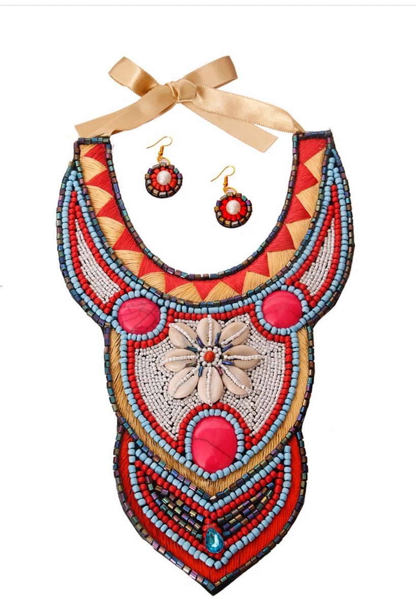 Embroidered Bead and Cowrie Shell Bib Necklace Set
