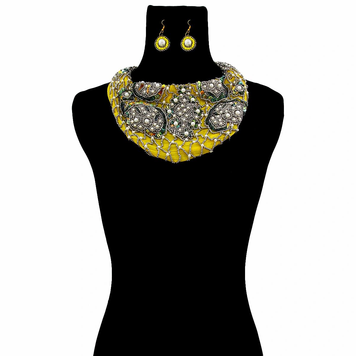Handmade Yellow Chiffon Scarf Necklace Set with Embroidered Sequins, Beads, and Pearls