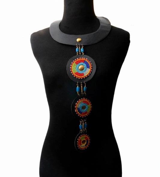 Multi Color Bead 3 Tier Long Drop Collar Necklace