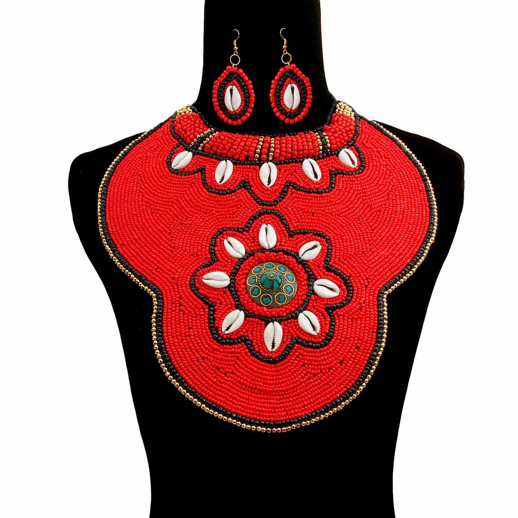 red beaded collar necklace set