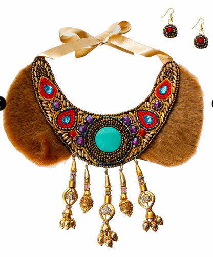 Multi Color Bead and Fur Collar Bib Necklace Set with Gold and Rhinestone Drops