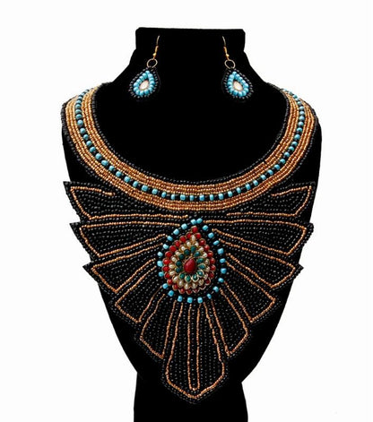 Black and Gold Bead with Layered Jeweled Center Bib Necklace Set
