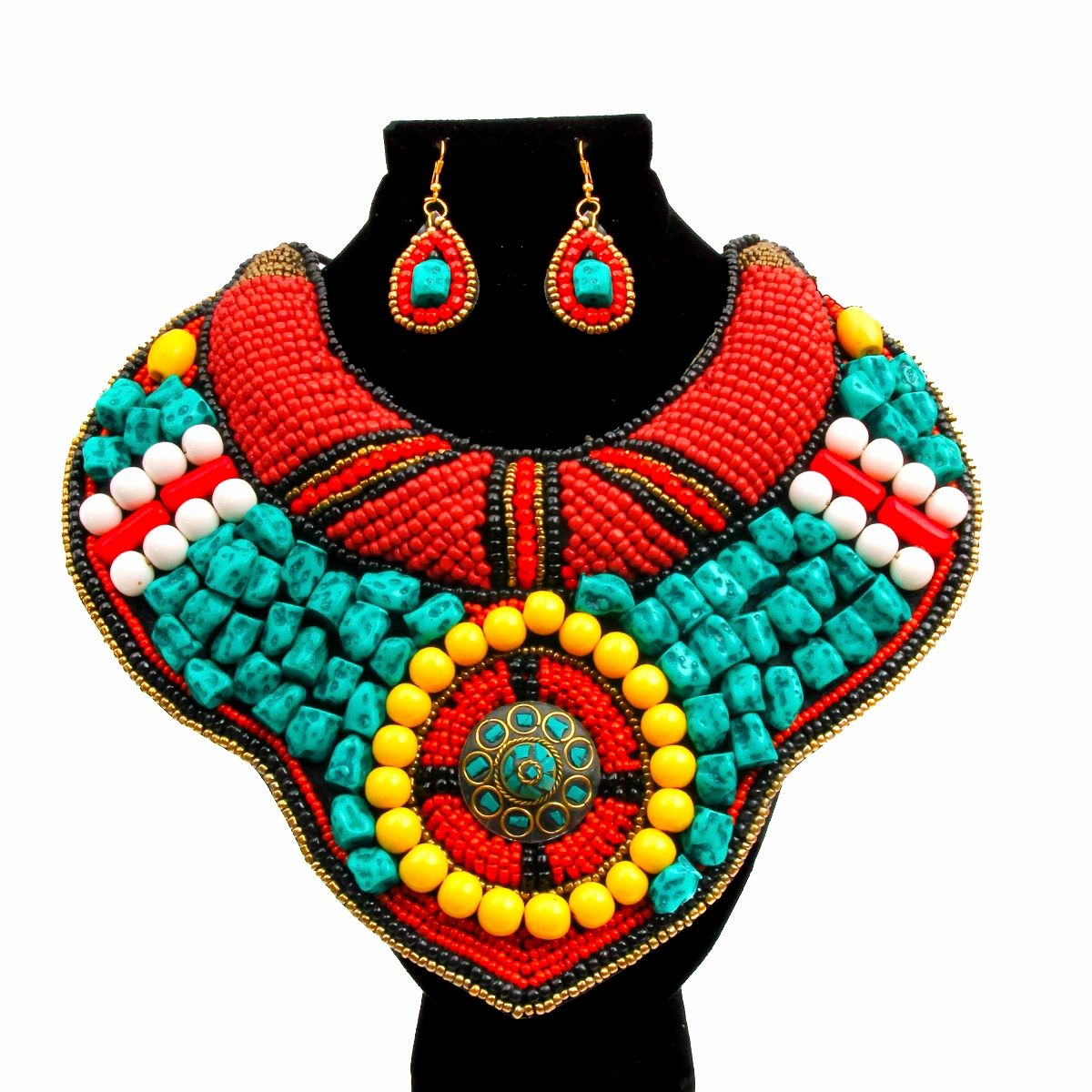 turquoise and colorful stone bead collar bib necklace