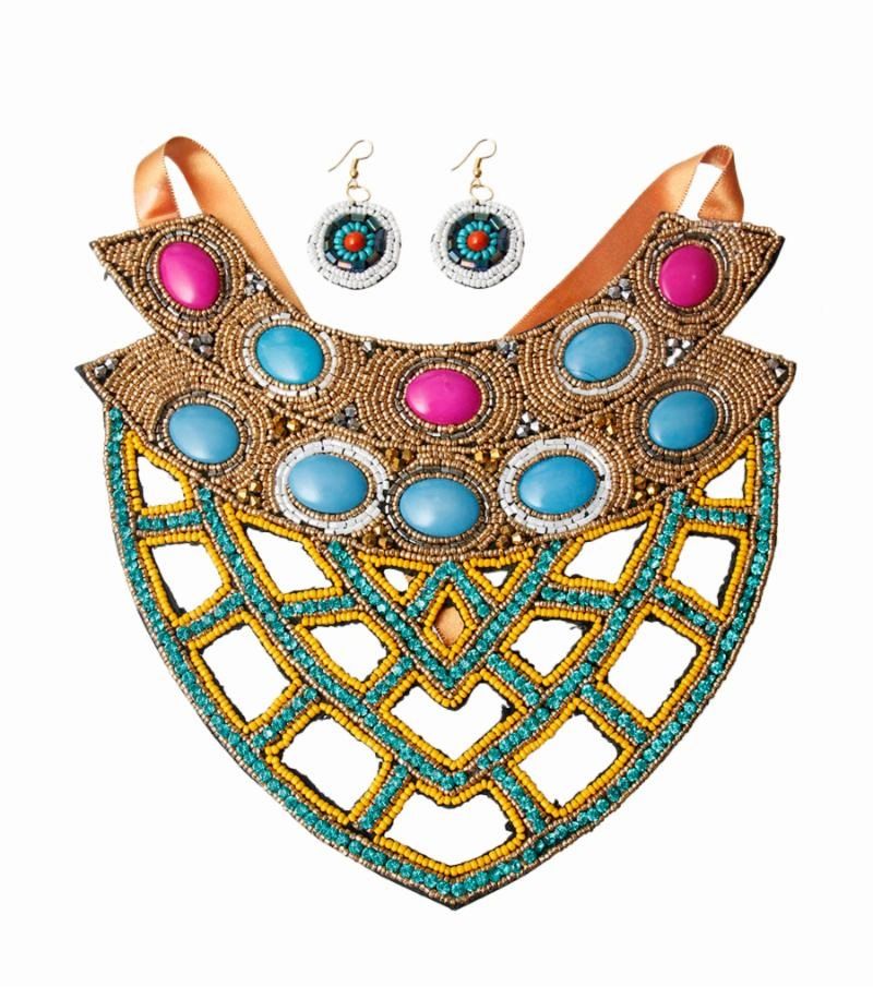 multi-color bead and rhinestone bib necklace set
