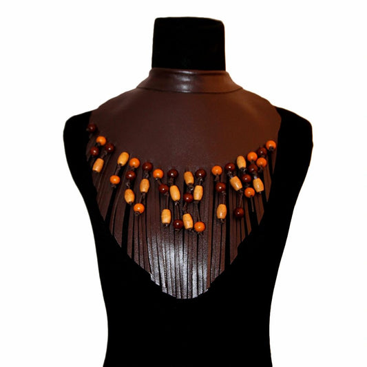 Brown Leather and Wooden Beads Fringe Bib Choker Necklace
