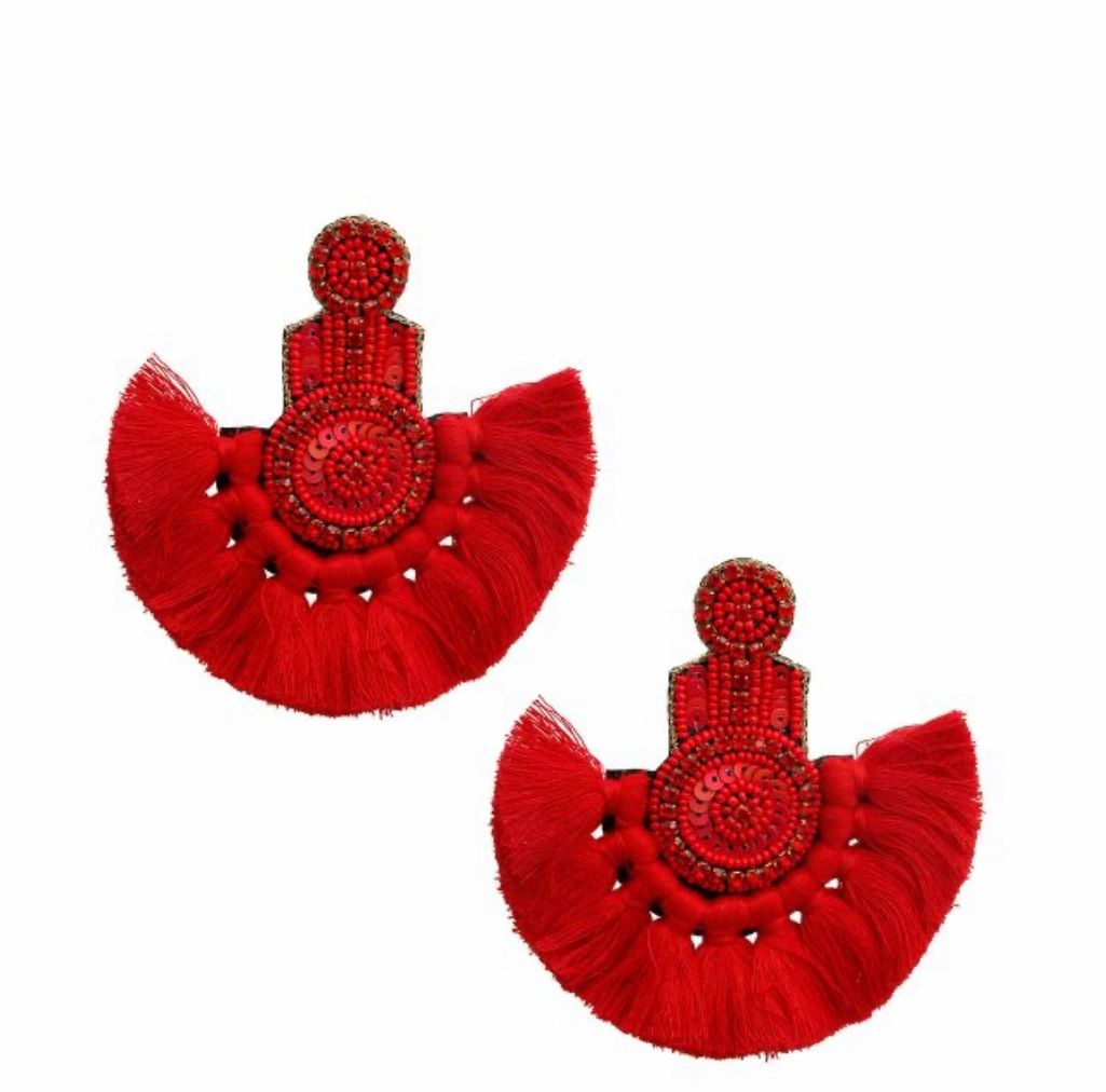 Seed Bead Crystal Fan Tassel Dangle Earrings