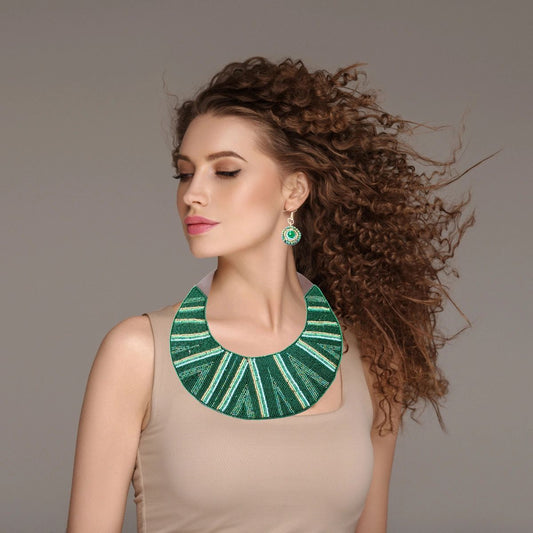 Green Striped Round Beaded Bib Necklace Set Featuring Leather Neckline and Snap Closure