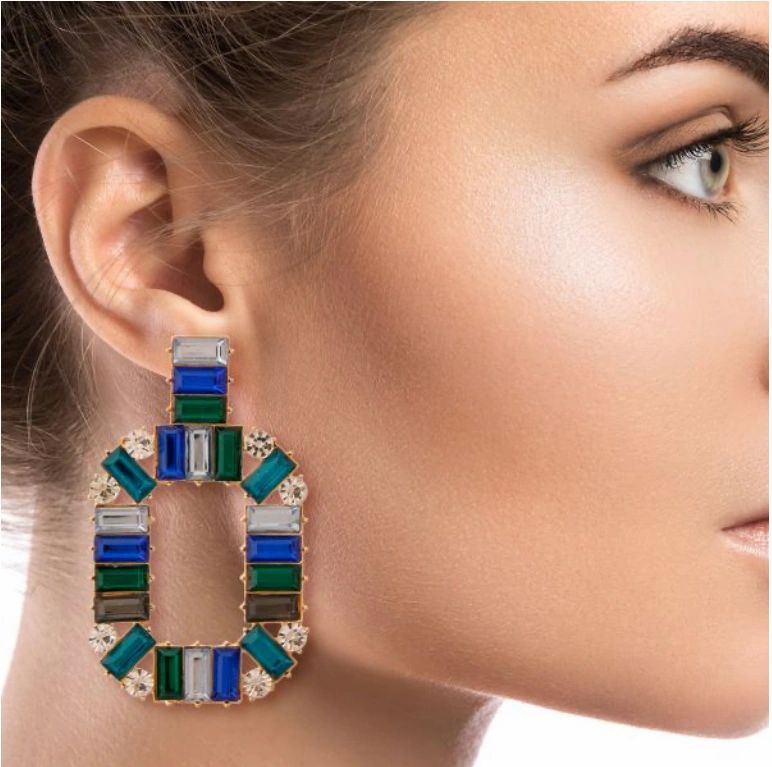 sapphire colored baquette crystal drop earrings