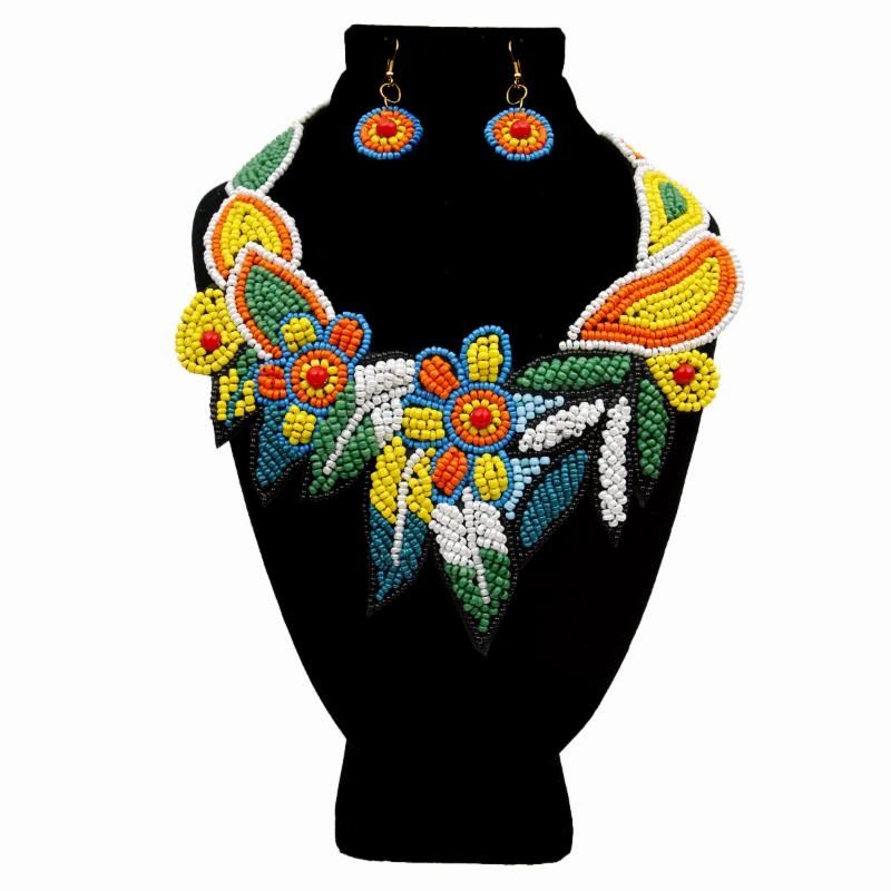 Multi Color Beaded Floral Collar Bib Necklace Set