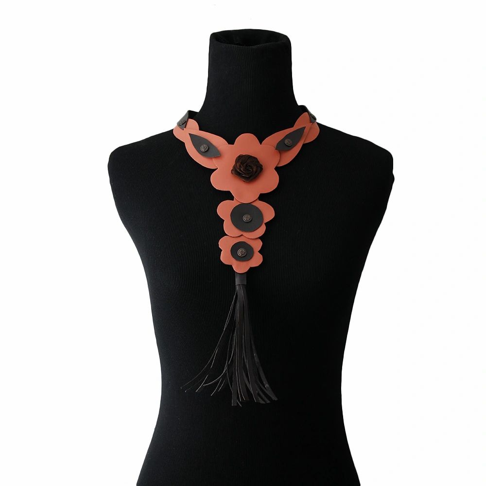 Coral Leather Rose and Tassel Choker Necklace set