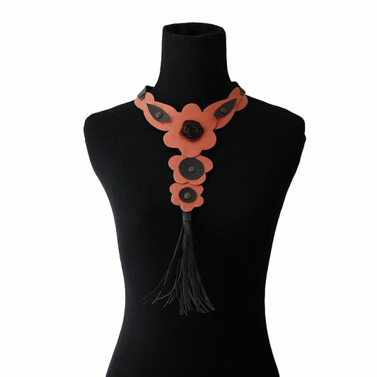 Coral Leather Rose and Tassel Choker Necklace set