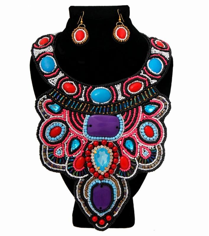 Multi Color Bead and Crystal Bib Necklace Set