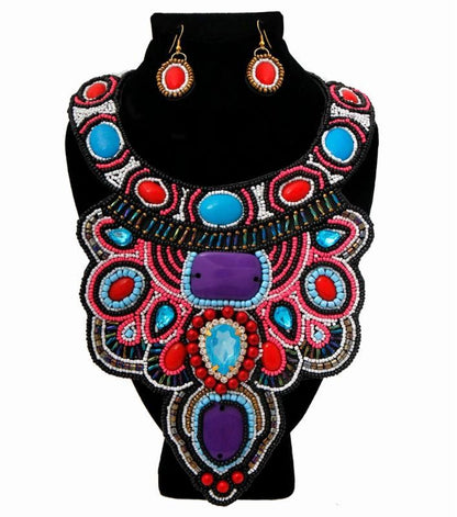 Multi Color Bead and Crystal Bib Necklace Set
