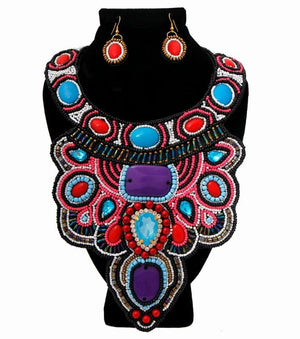 Open image in slideshow, Multi Color Bead and Crystal Bib Necklace Set
