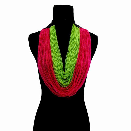 Pink and Green Long Layered Seed Bead Necklace