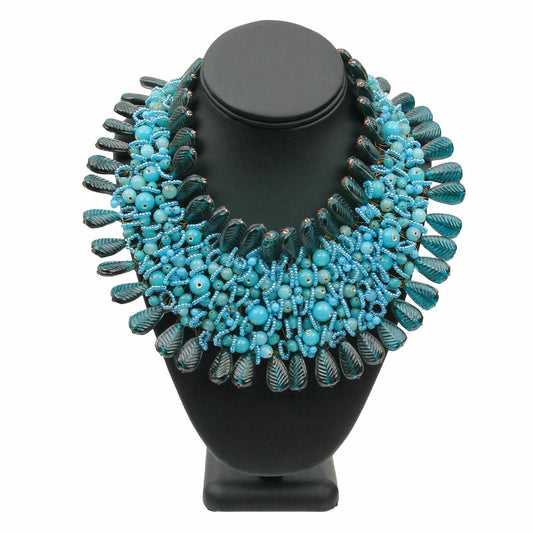 copper bib necklace with blue beads