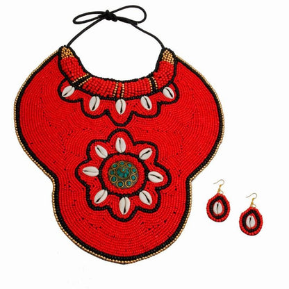 Red Beaded Raised Collar Large Bib Necklace Set