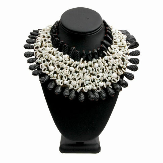 Black and White Bead and Copper Bib Necklace