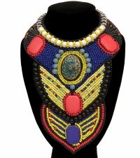 Multi Color Bead with Turquoise Mosaic Pendant Bib Necklace