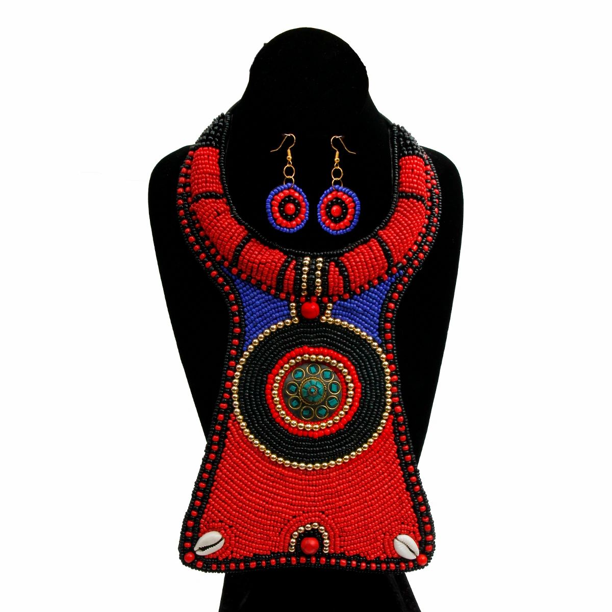 red, blue and black bead rasied collar bib necklace set