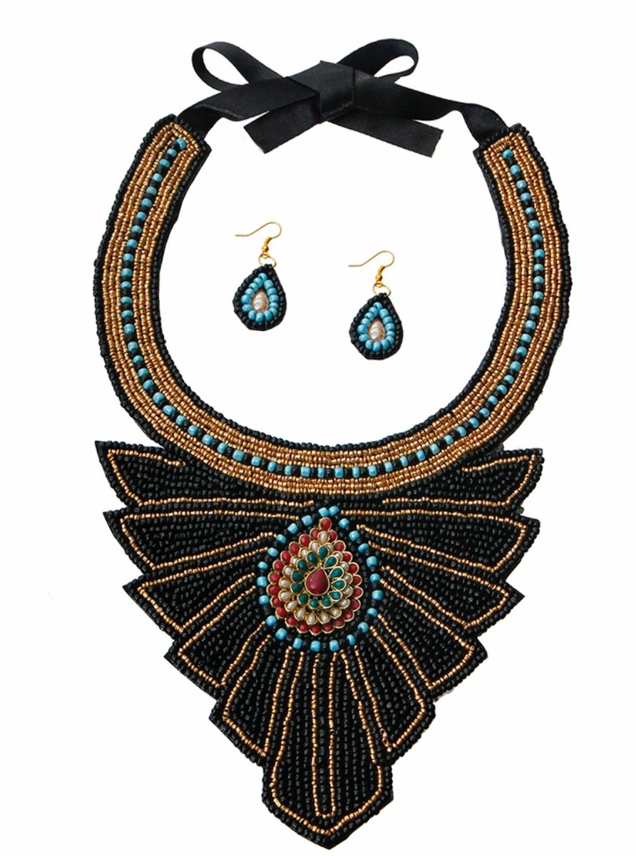 Black and Gold Bead with Layered Jeweled Center Bib Necklace Set