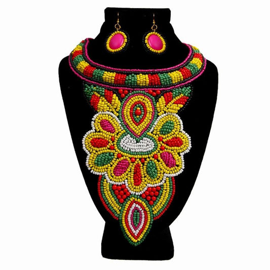 Multi Color Beaded Bib Necklace Set