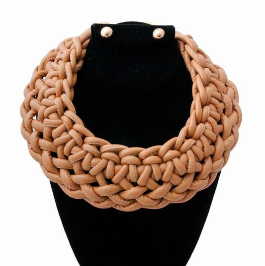 Camel Leather Rope Knotted Collar Necklace Set
