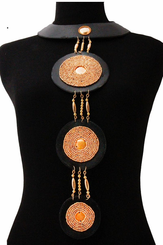 Gold Bead 3 Tier Long Drop Collar Necklace